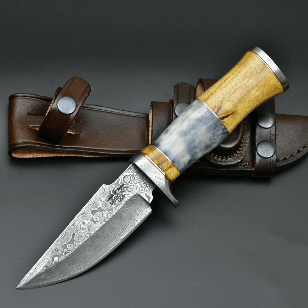 Damascus Knife - Legion Damascus Hunting Knife with Exotic Yellow Heart & Bone Handle - Shokunin USA