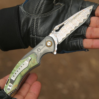 Atlas Gentleman's Copper Damascus Pocket Knife with Maple Burl Wood Handle and Sheath