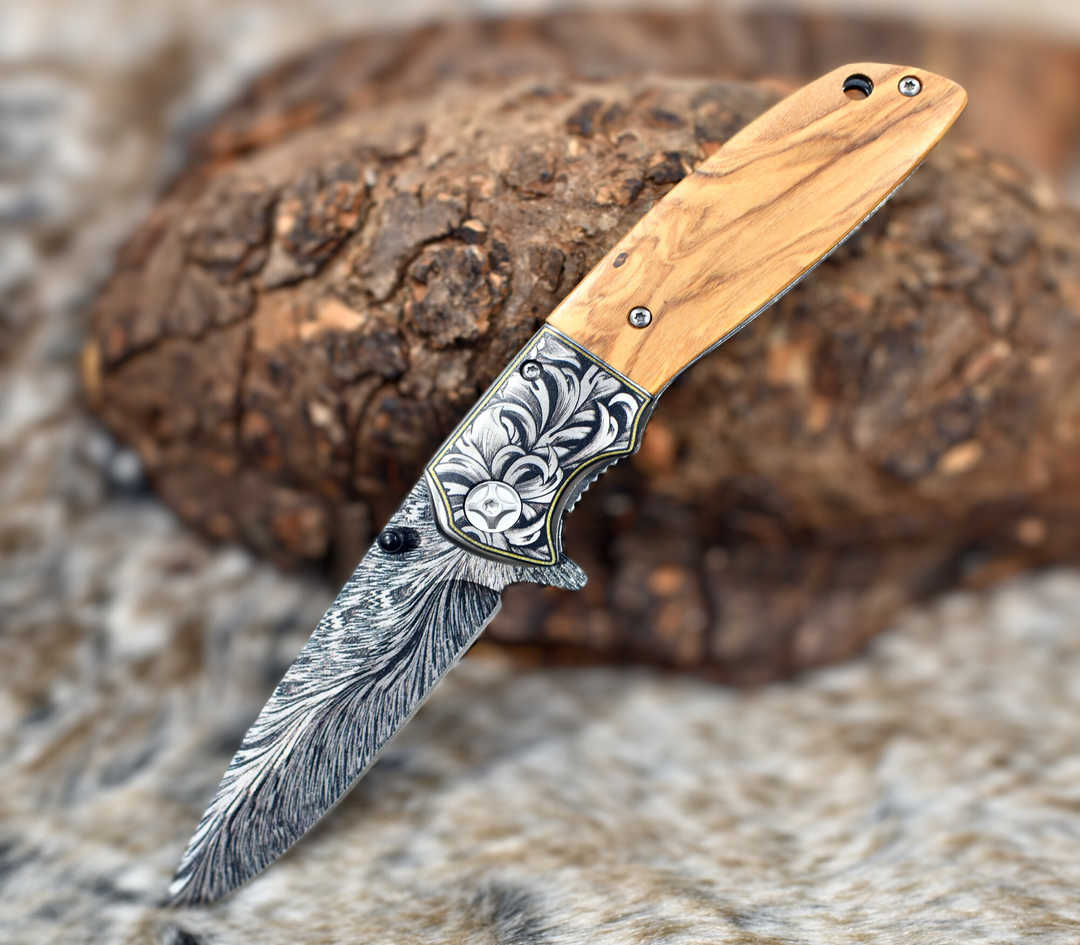 Pocket Knives - Vertex Damascus Pattern Pocket Knife with Exotic Olive Wood Handle - Shokunin USA