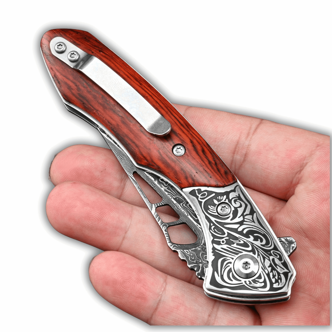 VG10 Damascus Pocket knife - Artemis VG10 Damascus Pocket Knife with Clip & Exotic Red Sandal Wood Handle - Shokunin USA