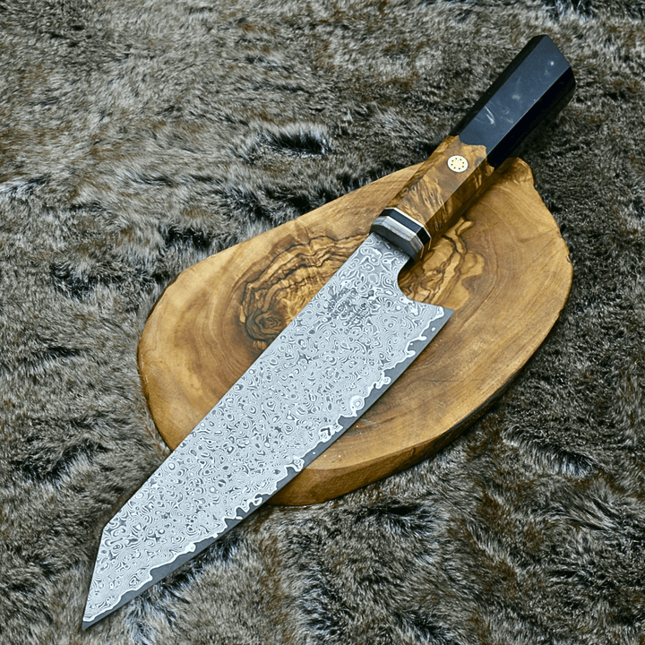 custom made handmade kitchen knives - Aurora Japanese Chef Knife with Exotic Olive Burl Wood &amp; Resin Composite Handle - Shokunin USA