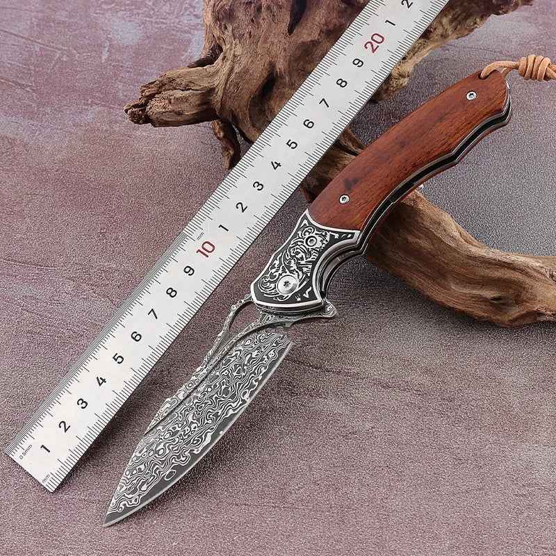 handcrafted pocket knife with sandal wood handle - Meteor Engraved Damascus Steel Pocket Knife - Shokunin USA