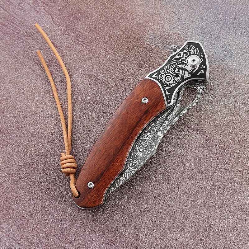 engraved pocket knife with sandal wood handle - Meteor Engraved Damascus Steel Pocket Knife - Shokunin USA