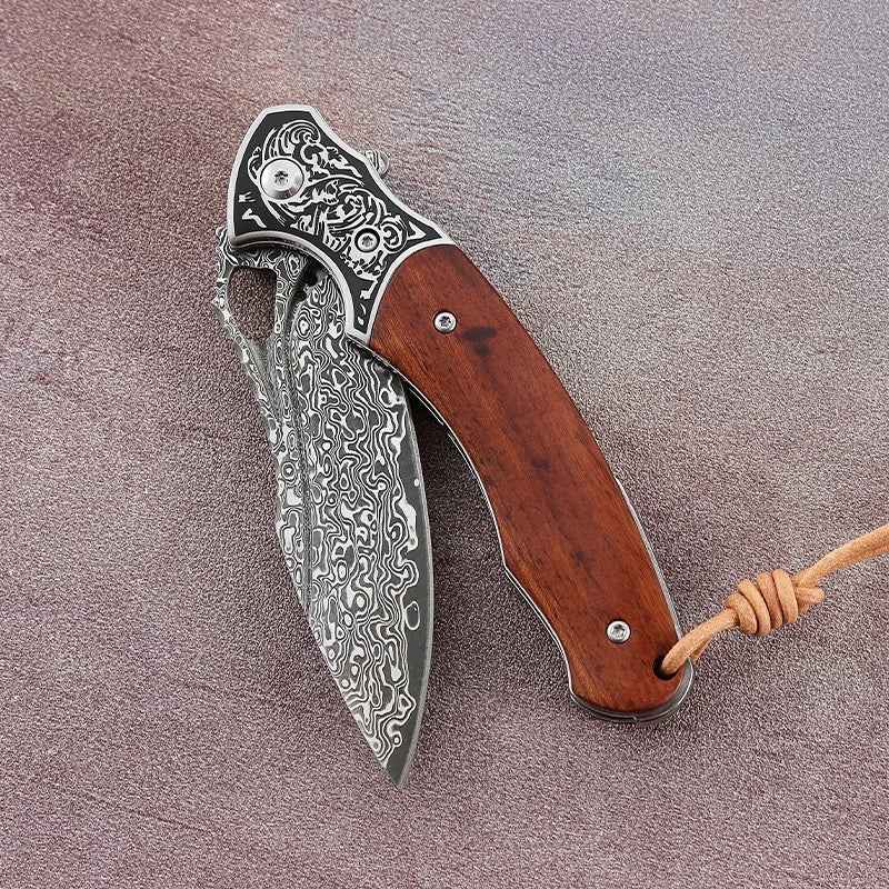damascus folding pocket knife with sandal wood handle - Meteor Engraved Damascus Steel Pocket Knife - Shokunin USA