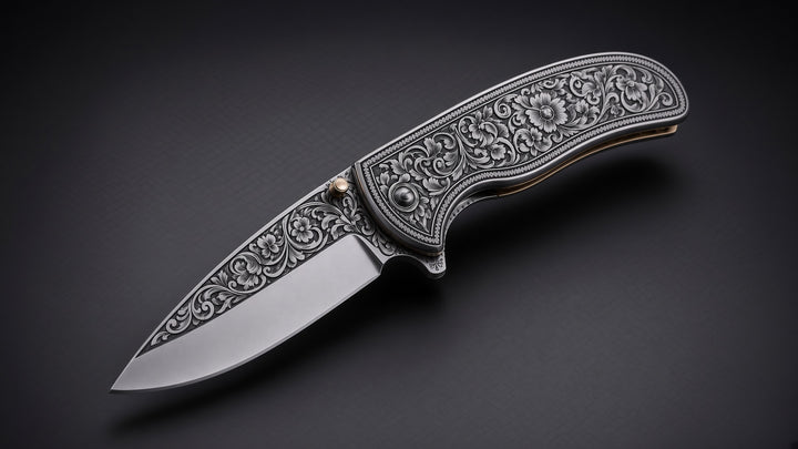 Outlaw Handmade Damascus Pocket Knife with Engraved Steel Handle