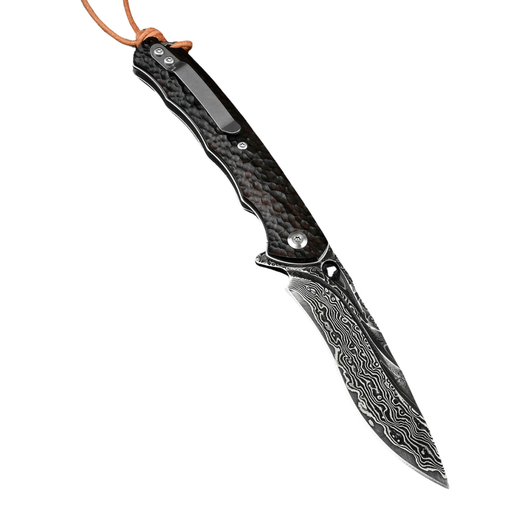 Utility Knife - Panther Handmade Stainless Damascus Pocket Knife with Clip and Exotic Ebony Wood Handle - Shokunin USA