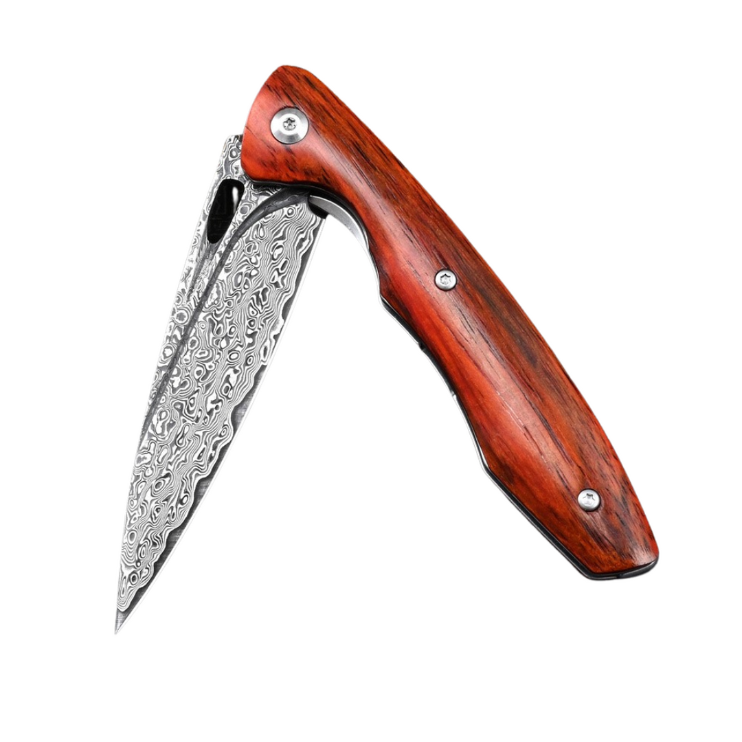 Damascus Knife - Quicksilver Handmade Japanese Damascus Pocket Knife with Exotic Red Sandalwood Handle - Shokunin USA