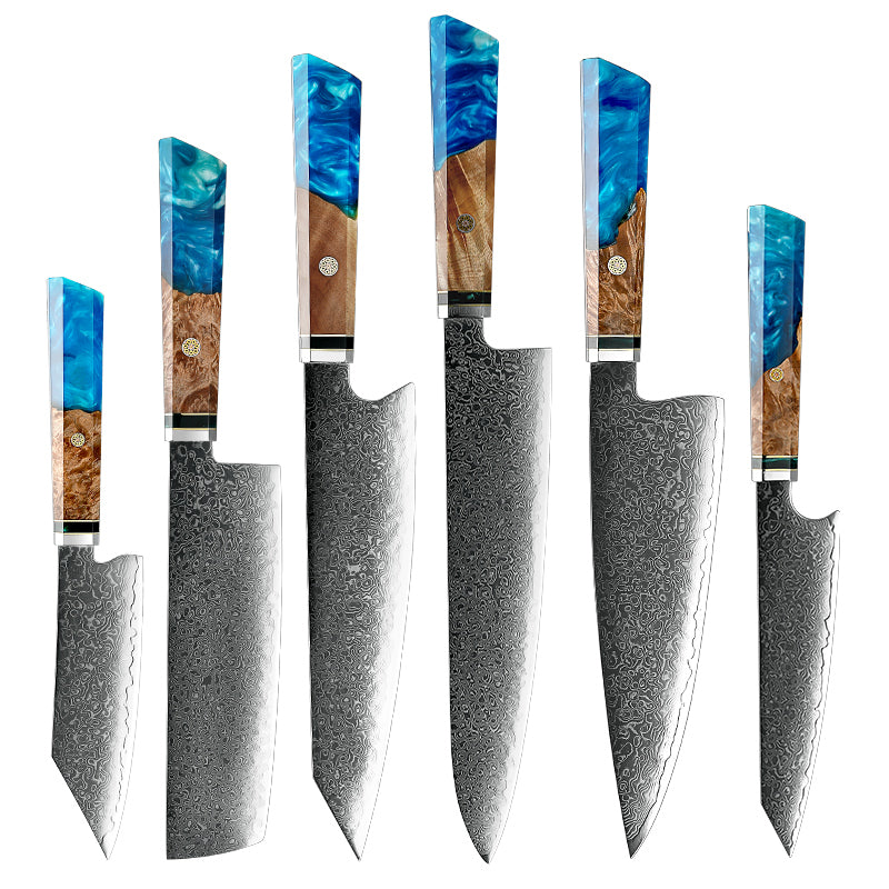 chef knife set - AQUA Knife Set 6 Piece VG10 Damascus Steel with Exotic Olive Wood & Resin Handle - Shokunin USA