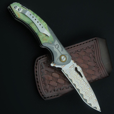Atlas Gentleman's Copper Damascus Pocket Knife with Maple Burl Wood Handle and Sheath