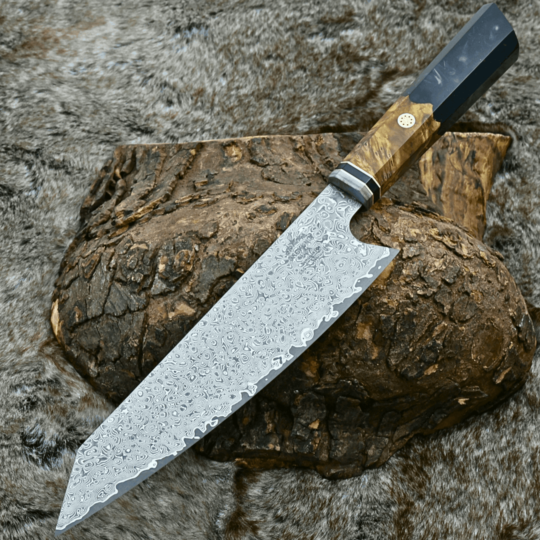 traditional handmade kitchen knives - Aurora Japanese Chef Knife with Exotic Olive Burl Wood &amp; Resin Composite Handle - Shokunin USA