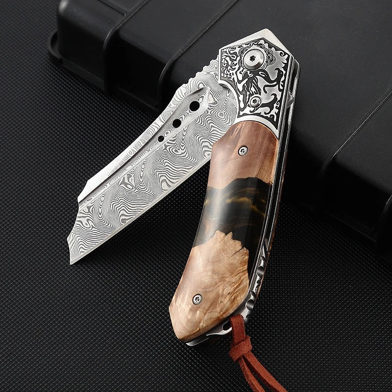 damascus pocket knife with olive burl handle - Volver Damascus Pocket Knife with Exotic Olive Burl Wood & Resin Handle - Shokunin USA