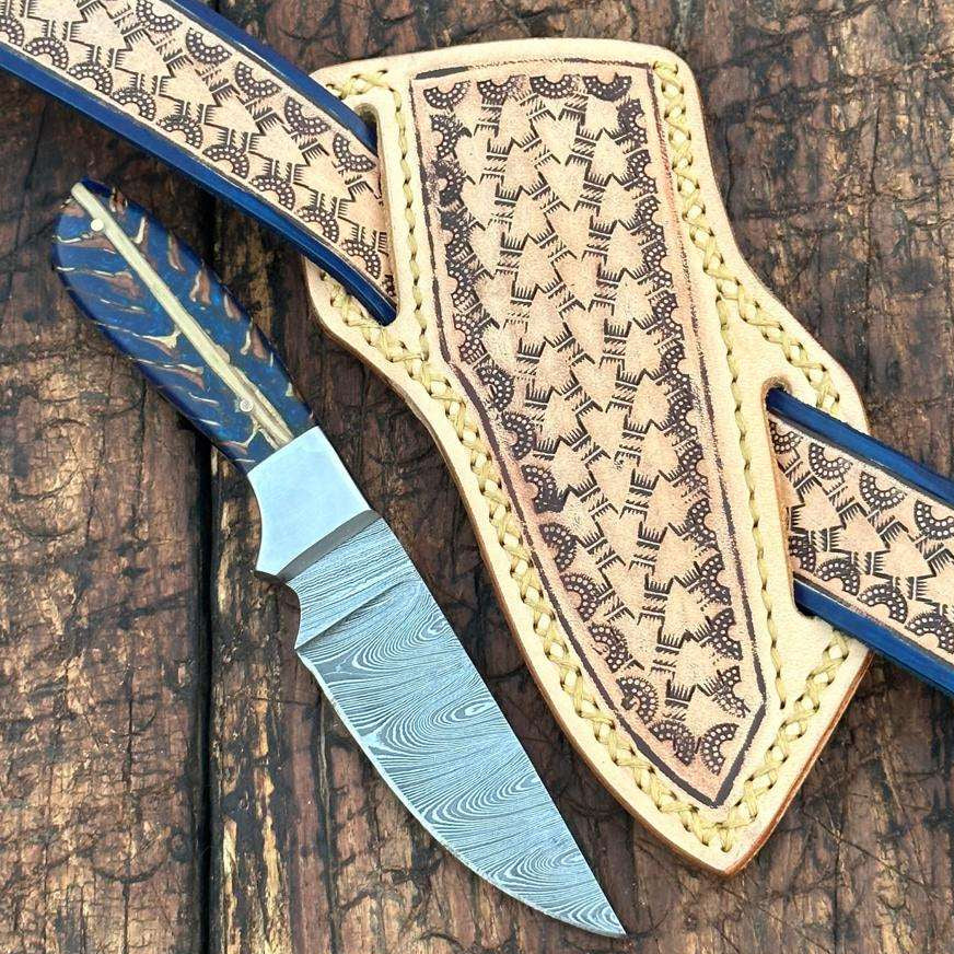 Rio Grande Damascus Skinner Knife with Handtooled Sheath &amp; Belt