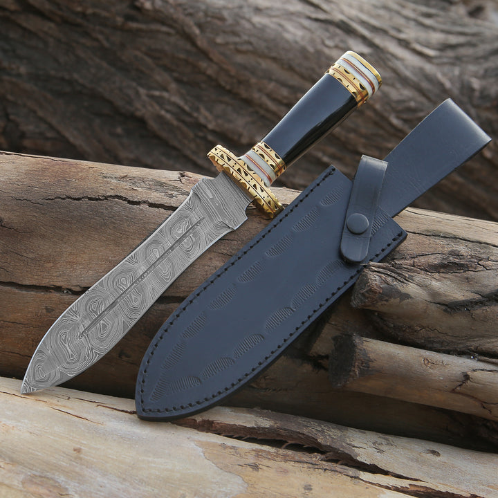 Damascus knife - Heartless Edge Damascus Fixed Blade Knife with Horn Handle & Sheath - Shokunin USA