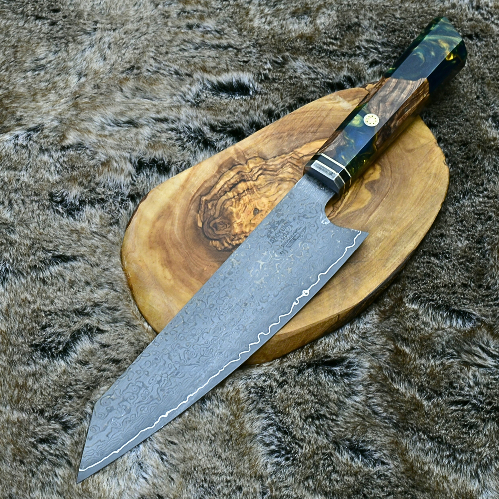 Chef knife - Aurora VG10 Chef Knife with Exotic Olive Burl & Emerald Green Pearl Resin Handle - Shokunin USA