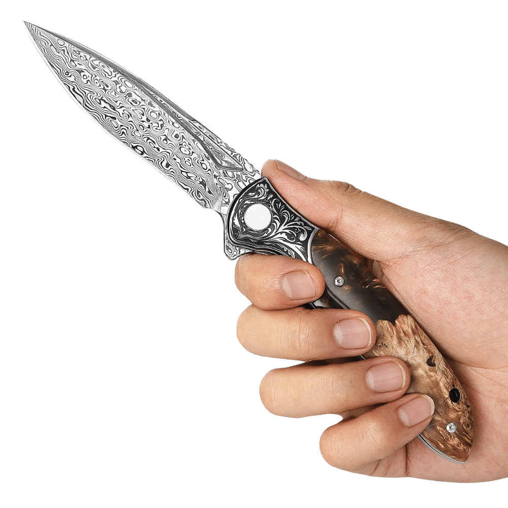 Pocket Knife - Demeter VG10 Damascus Pocket Knife with Exotic Olive Burl & Resin Handle - Shokunin USA