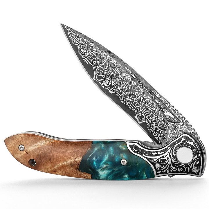 Pocket Knife - Ares VG10 Damascus Pocket Knife with Olive Burl Wood & Resin Handle - Shokunin USA