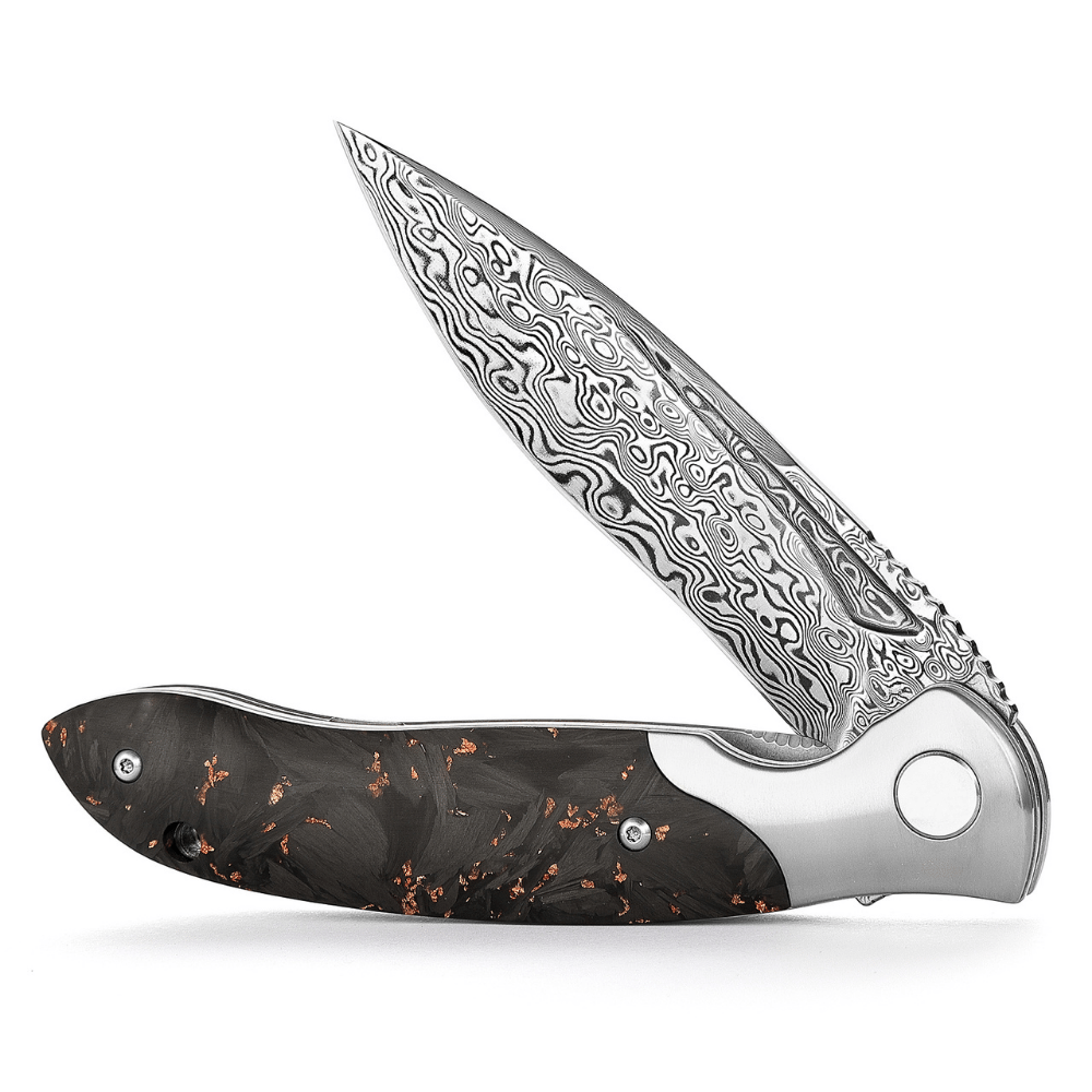 Damascus Knife - Raven VG10 Ultralight Folding Pocket Knife with Titanium & Carbon Fiber Handle - Shokunin USA