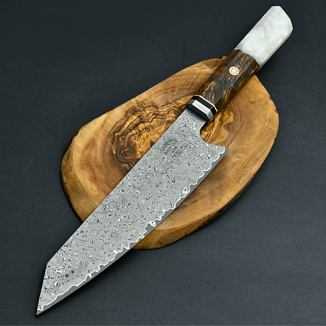 Chef Knife - Aurora VG10 Damascus Steel Knife with Exotic Olive Wood Burl & Mother of Pearl Handle - Shokunin USA