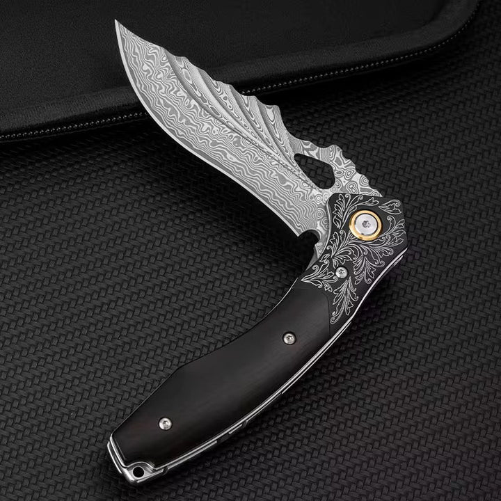 Damascus Knife - Specter Handmade Japanese VG10 Damascus Pocket Knife with Sheath &amp; Ebony Wood Handle - Shokunin USA