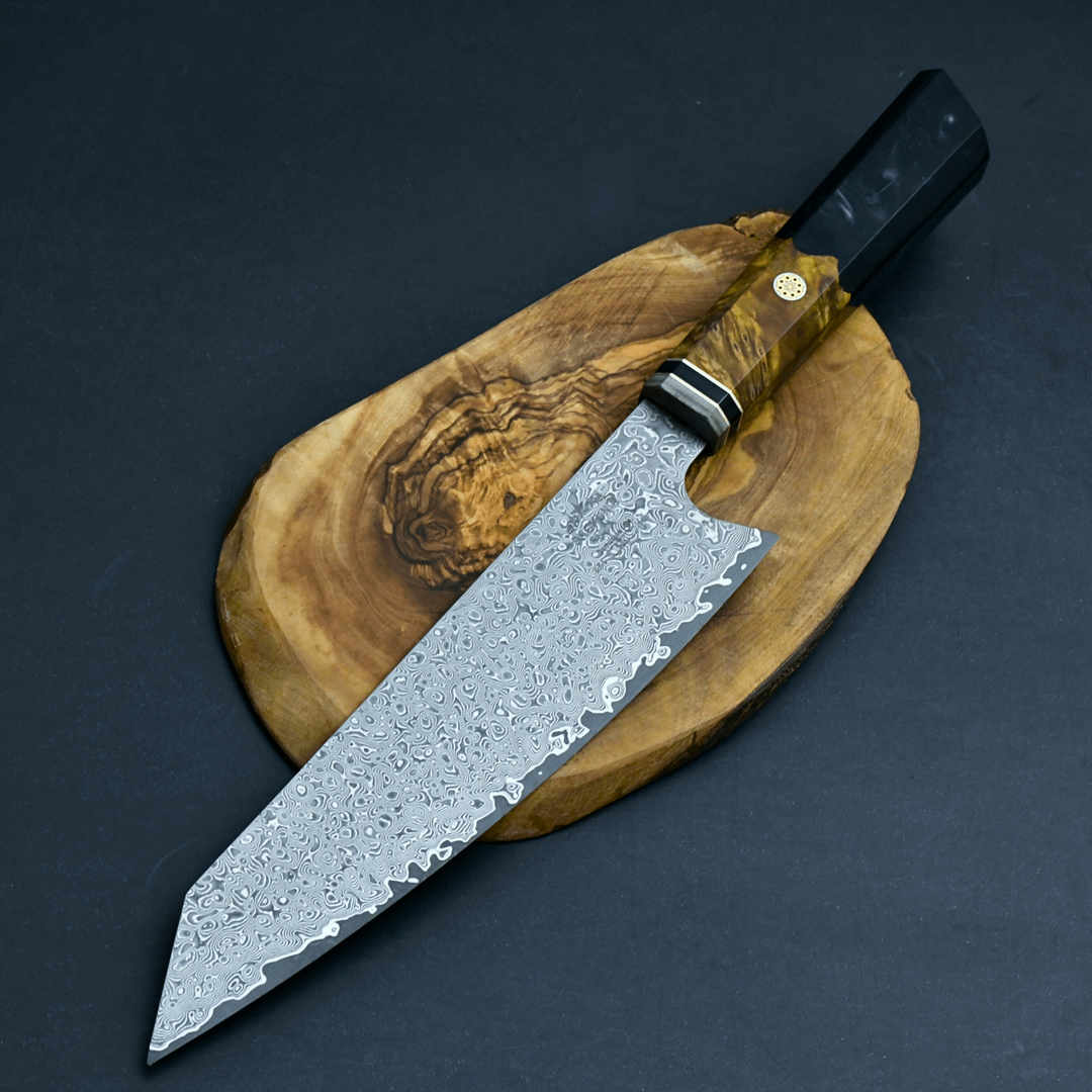 Chef knife - Aurora VG10 Damascus Knife with Olive Wood Burl & Black Pearl Resin Handle - Shokunin USA