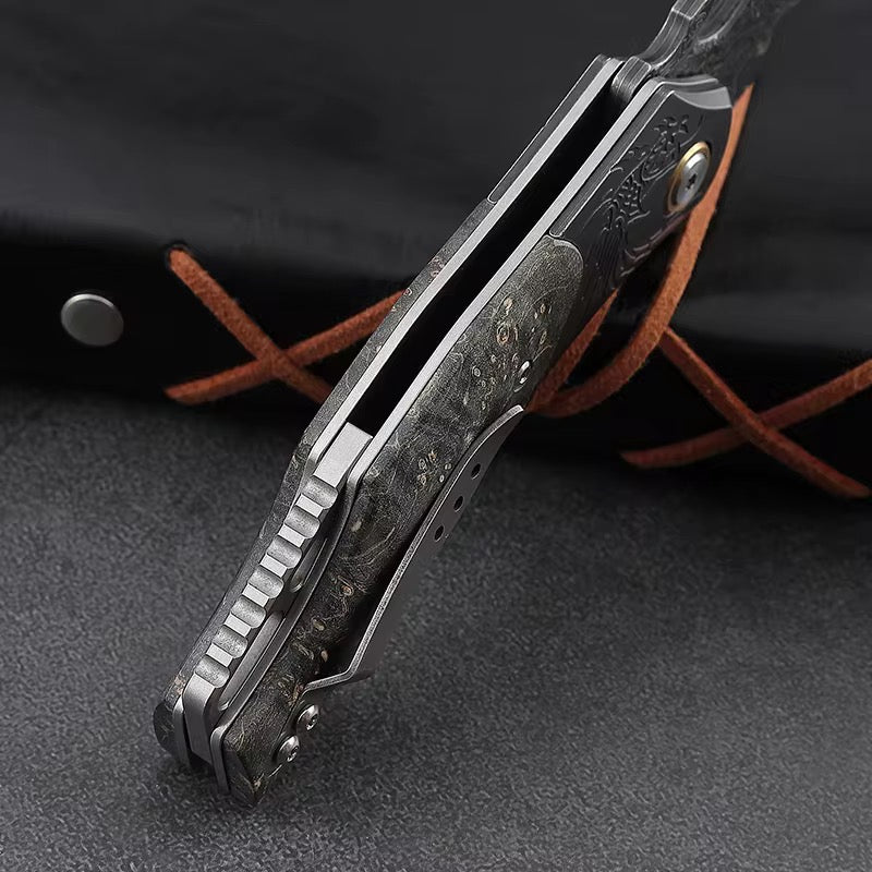 Gentleman's folder with case - Galaxy Japanese Damascus Folding Pocket Knife with Maple Burl Wood Handle - Shokunin USA