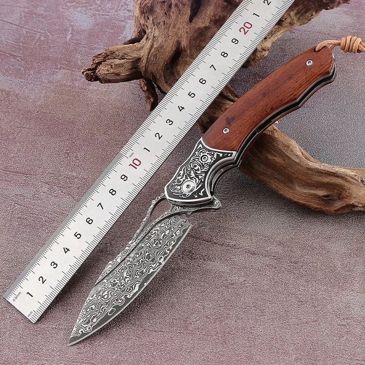 custom skinning knives for collectors - Meteor Engraved Damascus Steel Pocket Knife with Exotic Red Sandal Wood Handle - Shokunin USA