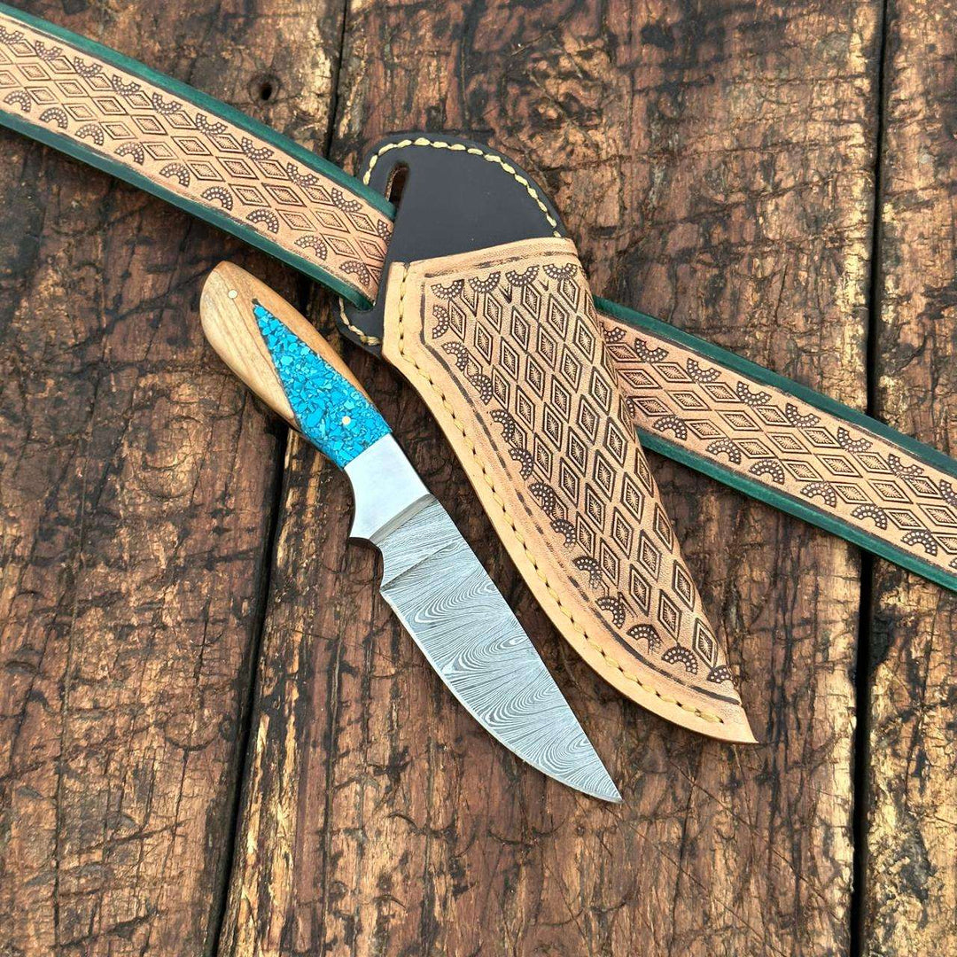 Canyon Damascus Skinner Knife with Hand tooled Sheath &amp; Belt