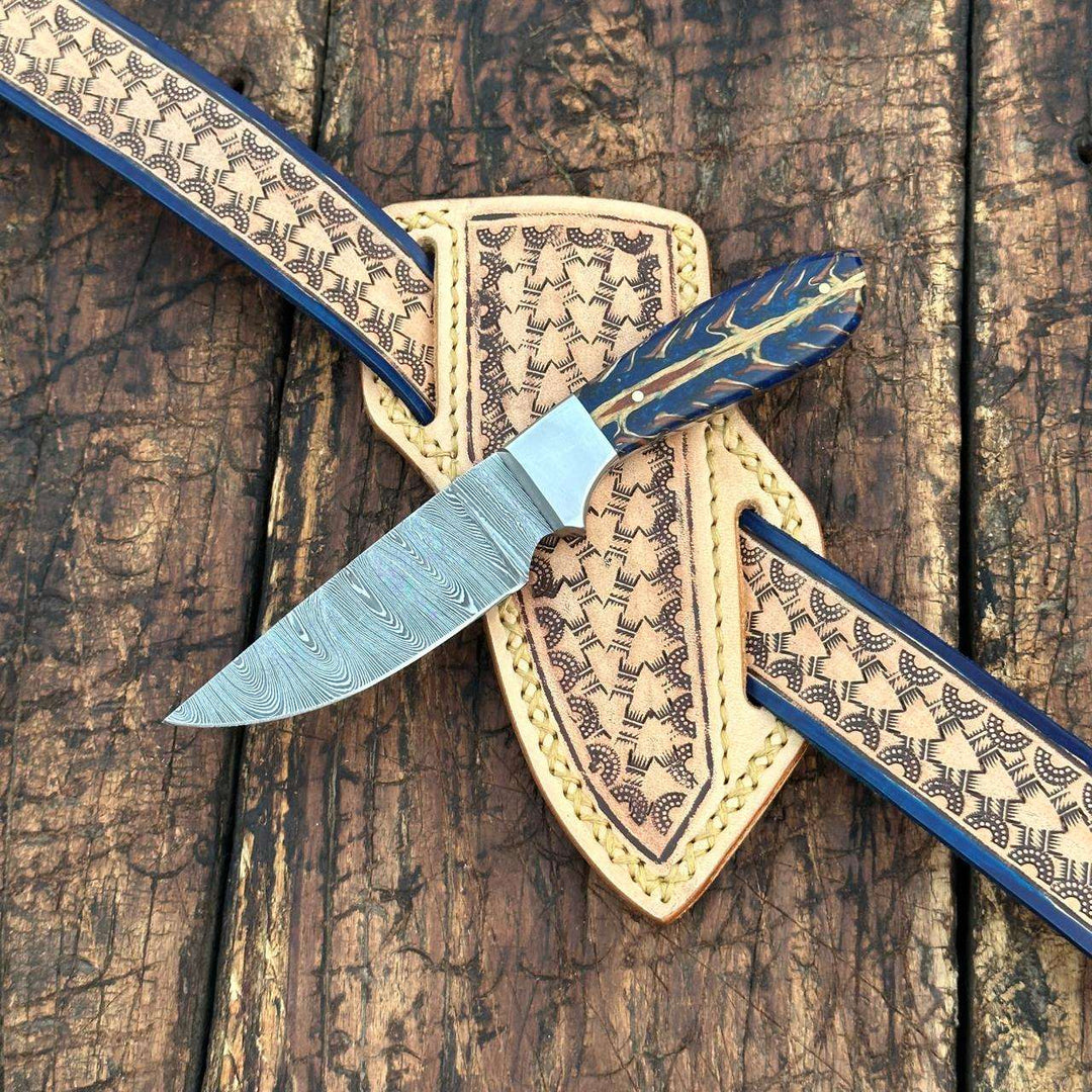 Rio Grande Damascus Skinner Knife with Handtooled Sheath &amp; Belt