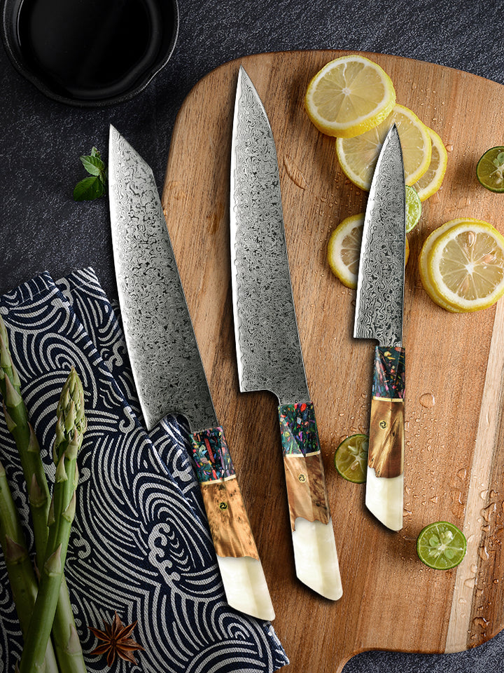 Chef Knife Set - Pristine VG10 Chef Knife Set with Exotic Olive Burl Wood and Pearl Resin Handle - Shokunin USA