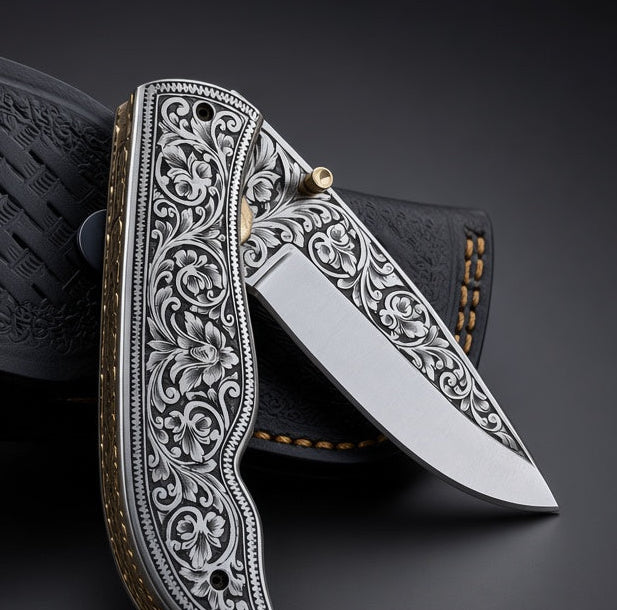 Outlaw Handmade Damascus Pocket Knife with Engraved Steel Handle