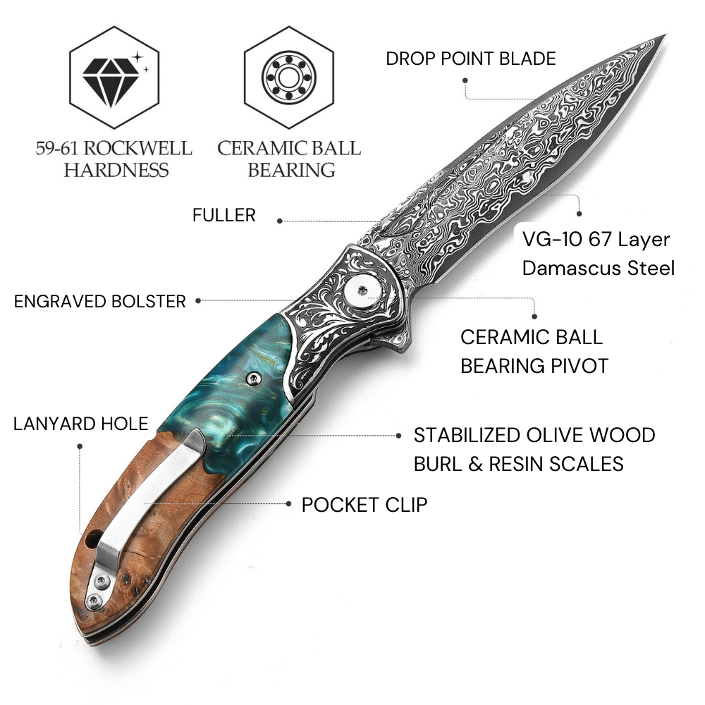 Pocket Knife - Ares VG10 Damascus Pocket Knife with Olive Burl Wood & Resin Handle - Shokunin USA