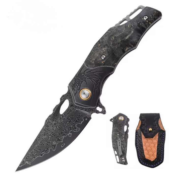 Gentleman's folder with case - Galaxy Japanese Damascus Folding Pocket Knife with Maple Burl Wood Handle - Shokunin USA