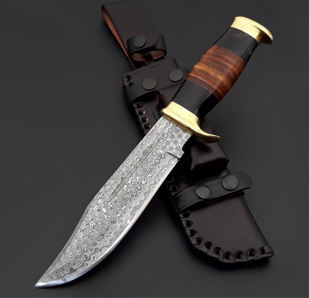 Custom Bowie Knives - Darkstar Custom Bowie Knife with Bull Horn & Stacked Leather Composite Handle - Shokunin USA
