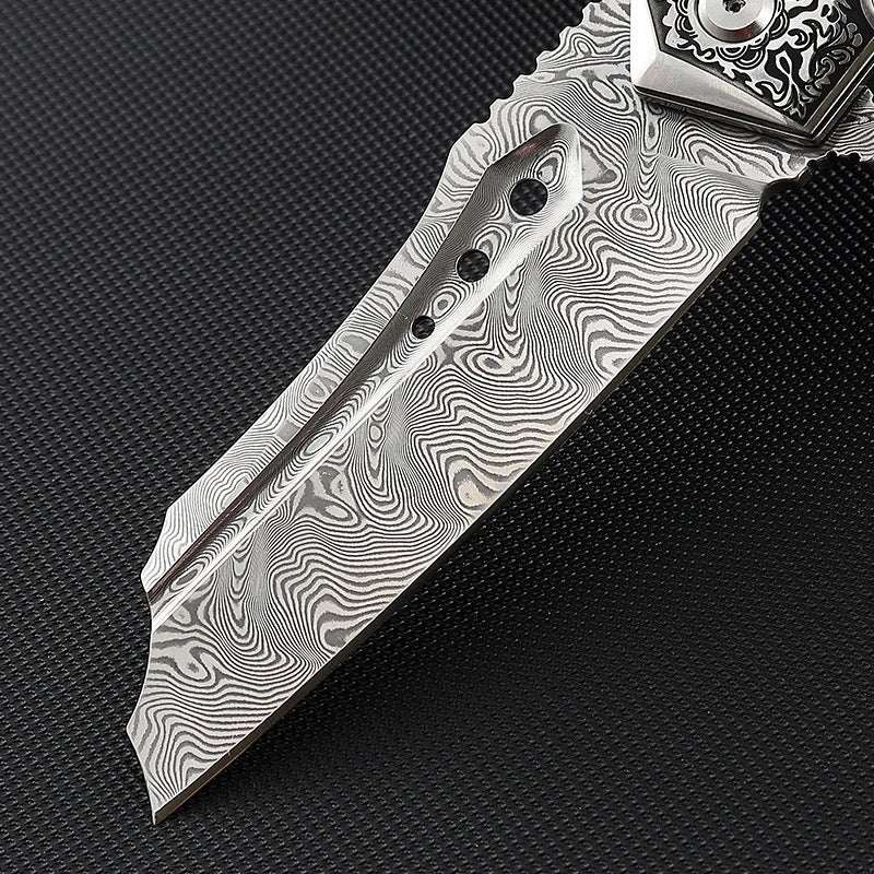 3.75 inch pocket knife with olive burl handle - Volver Damascus Pocket Knife with Exotic Olive Burl Wood & Resin Handle - Shokunin USA