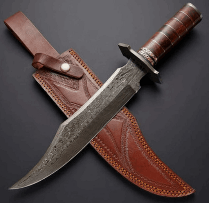 Bowie Knife - Blackiron Damascus Steel Bowie Knife with Rose Wood Handle &amp; Sheath - Shokunin USA