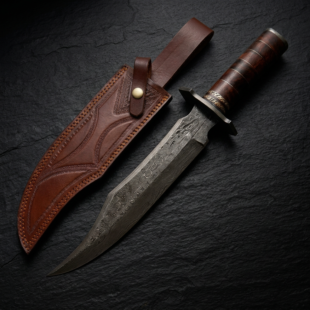 Blackiron Damascus Steel Bowie Knife with Rose Wood Handle &amp; Sheath