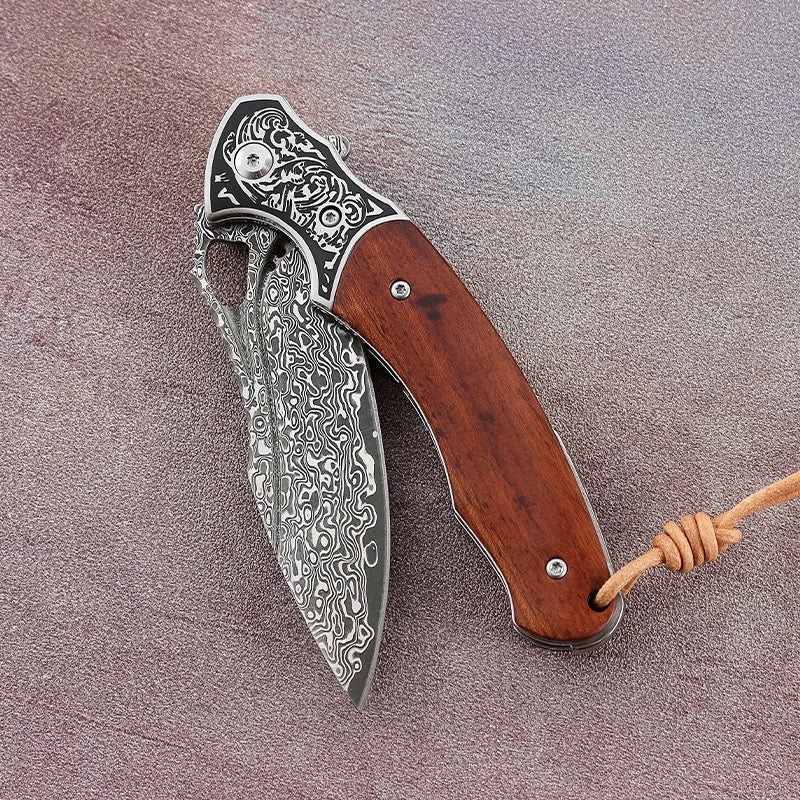 custom skinning knives for men - Meteor Engraved Damascus Steel Pocket Knife with Exotic Red Sandal Wood Handle - Shokunin USA