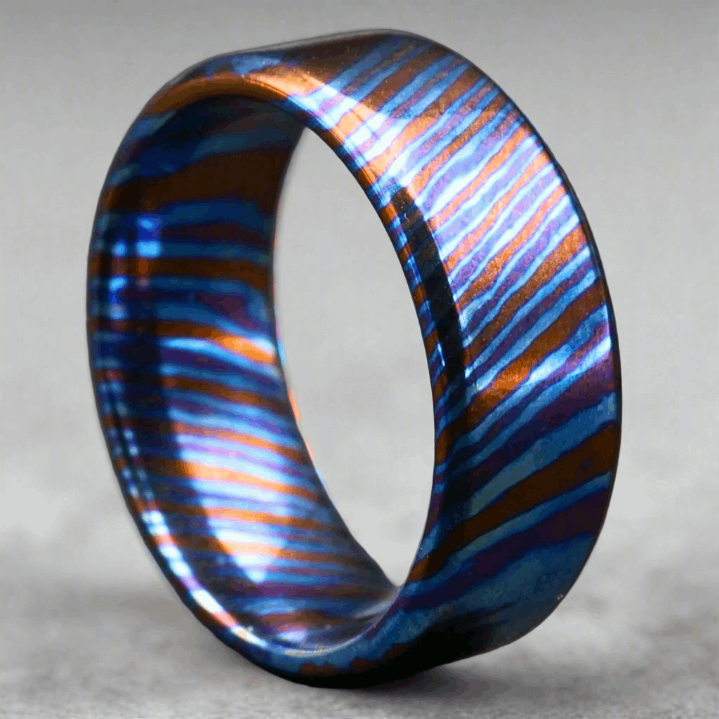 Timascus ring - Titan Handcrafted Timascus / Titanium Damascus Ring – Unique Metal Pattern &amp; Bold Design - Shokunin USA