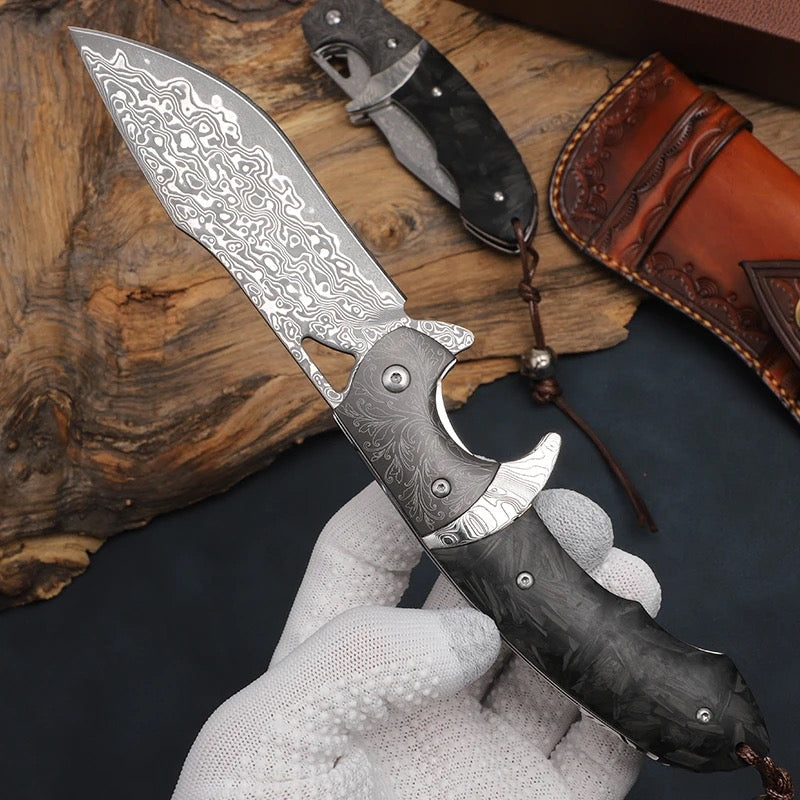distinctive EDC knives - Hermes Damascus Steel Folding Pocket Knife with Carbon Fiber Handle - Shokunin USA