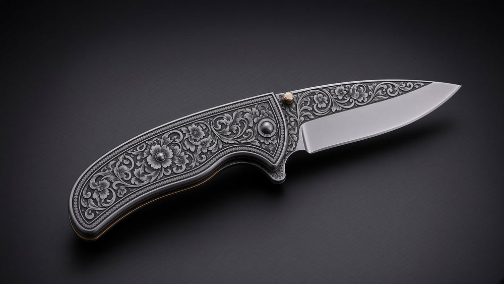 Pocket Knife - Outlaw Handmade Damascus Pocket Knife with Engraved Steel Handle - Shokunin USA