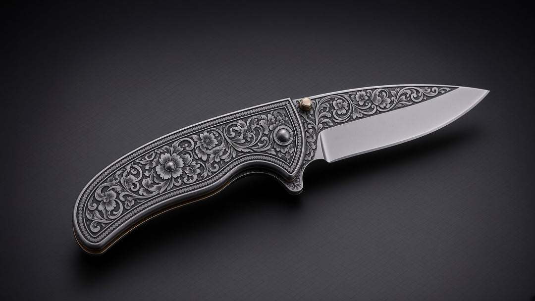 Outlaw Handmade Damascus Pocket Knife with Engraved Steel Handle