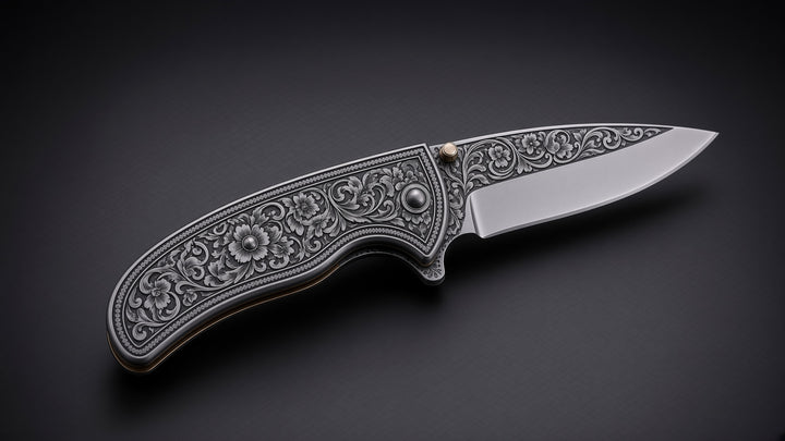 Outlaw Handmade Damascus Pocket Knife with Engraved Steel Handle