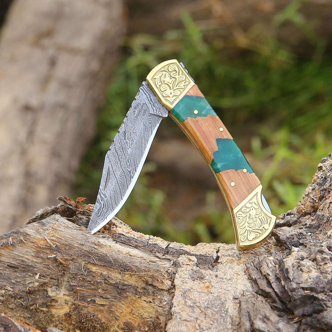 Flashblade Damascus Knives - Flashblade Handmade Damascus Best EDC Pocket Knife with Leather Sheath &amp; Olive Wood Handle - Shokunin USA