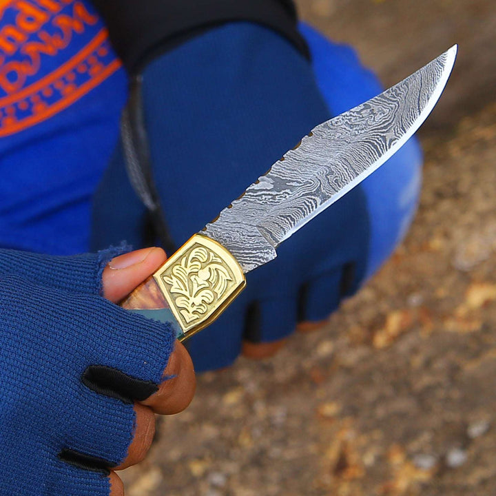 EDC Knife - Flashblade Handmade Damascus Best EDC Pocket Knife with Leather Sheath &amp; Olive Wood Handle - Shokunin USA
