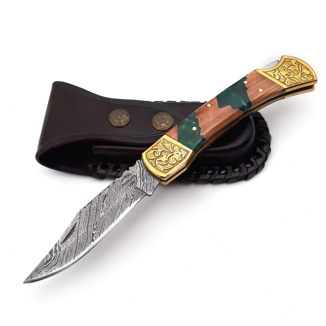 EDC Knife - Flashblade Handmade Damascus Best EDC Pocket Knife with Leather Sheath &amp; Olive Wood Handle - Shokunin USA