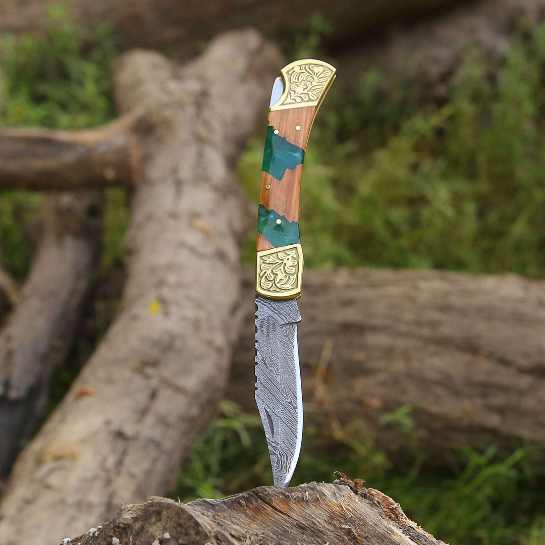 EDC Knife - Flashblade Handmade Damascus Best EDC Pocket Knife with Leather Sheath &amp; Olive Wood Handle - Shokunin USA