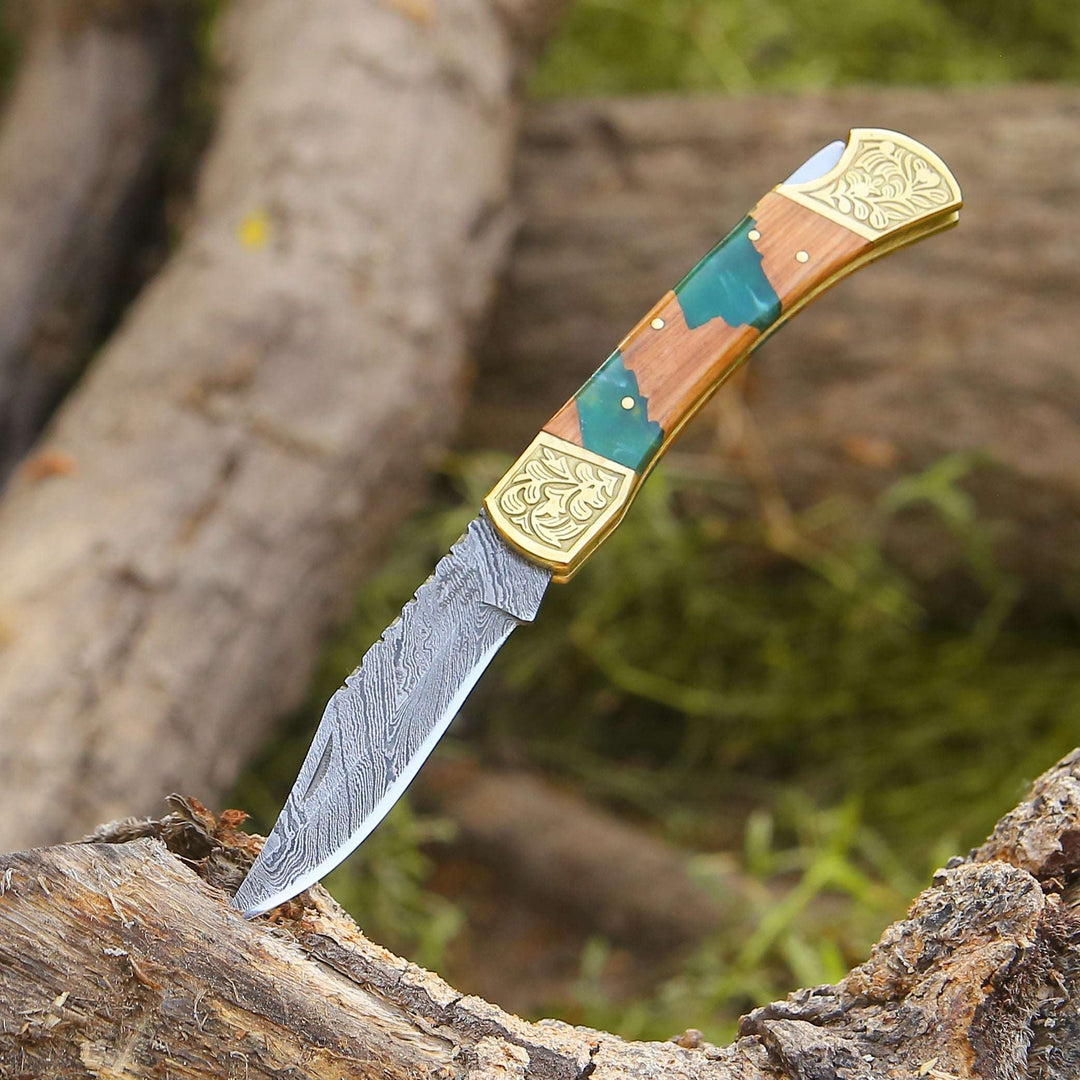 EDC Knife - Flashblade Handmade Damascus Best EDC Pocket Knife with Leather Sheath &amp; Olive Wood Handle - Shokunin USA