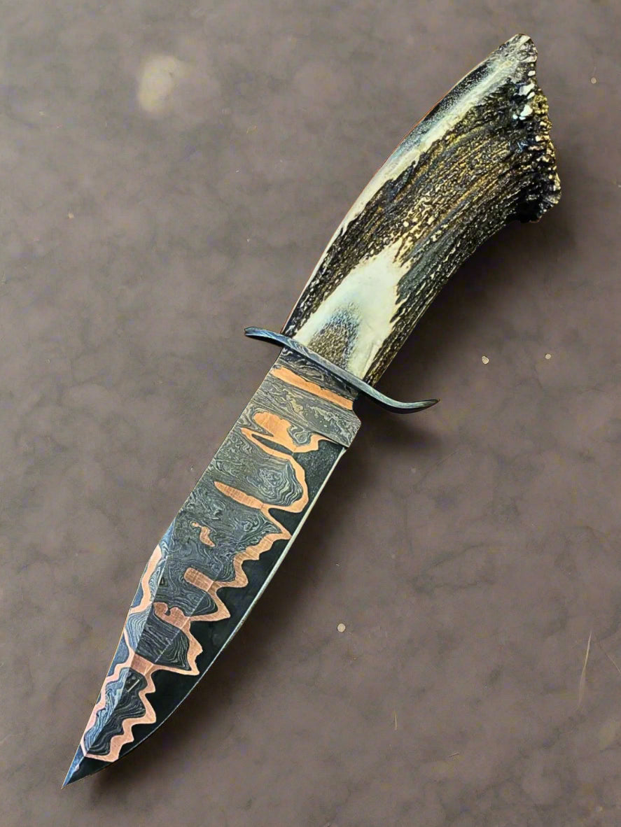 Hunting Knives - Crusader Copper & 1095 Damascus Hunting Knife with Antler Handle - Shokunin USA