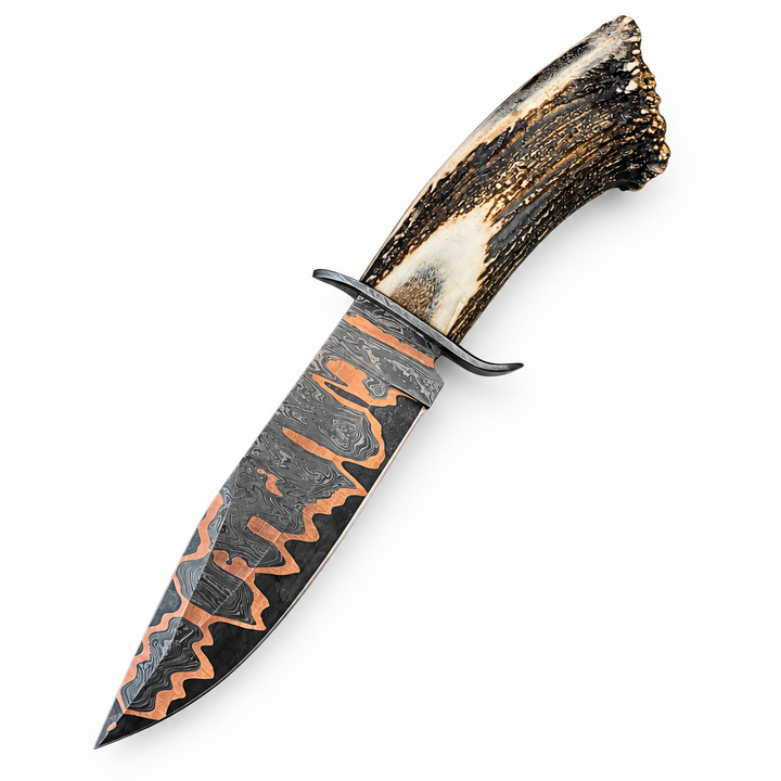 Crusader Copper &amp; 1095 Damascus Hunting Knife with Antler Handle