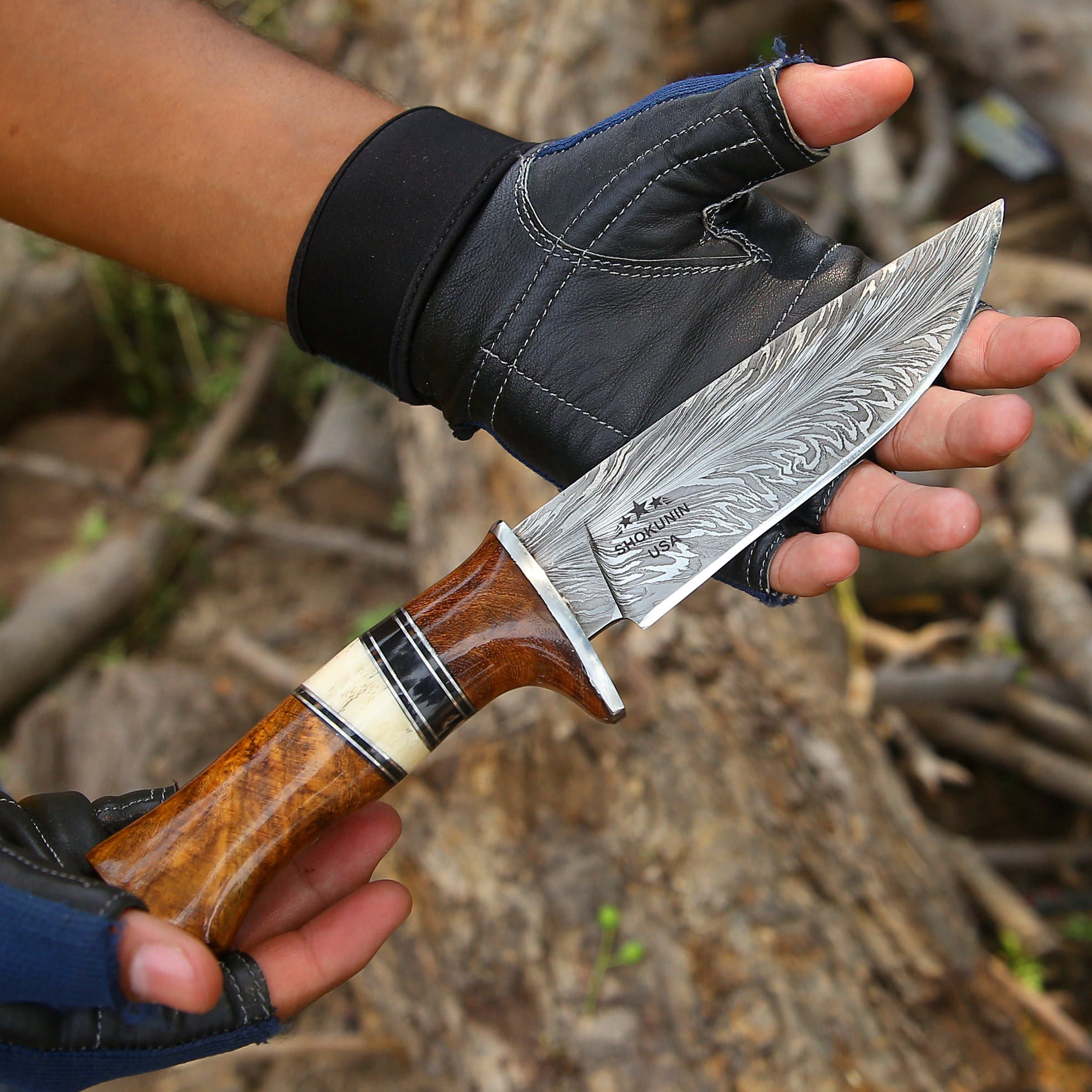 Custom Hunting Knife - Annihilator Custom Feather Damascus Hunting Knife with Exotic Rose Wood Handle - Shokunin USA